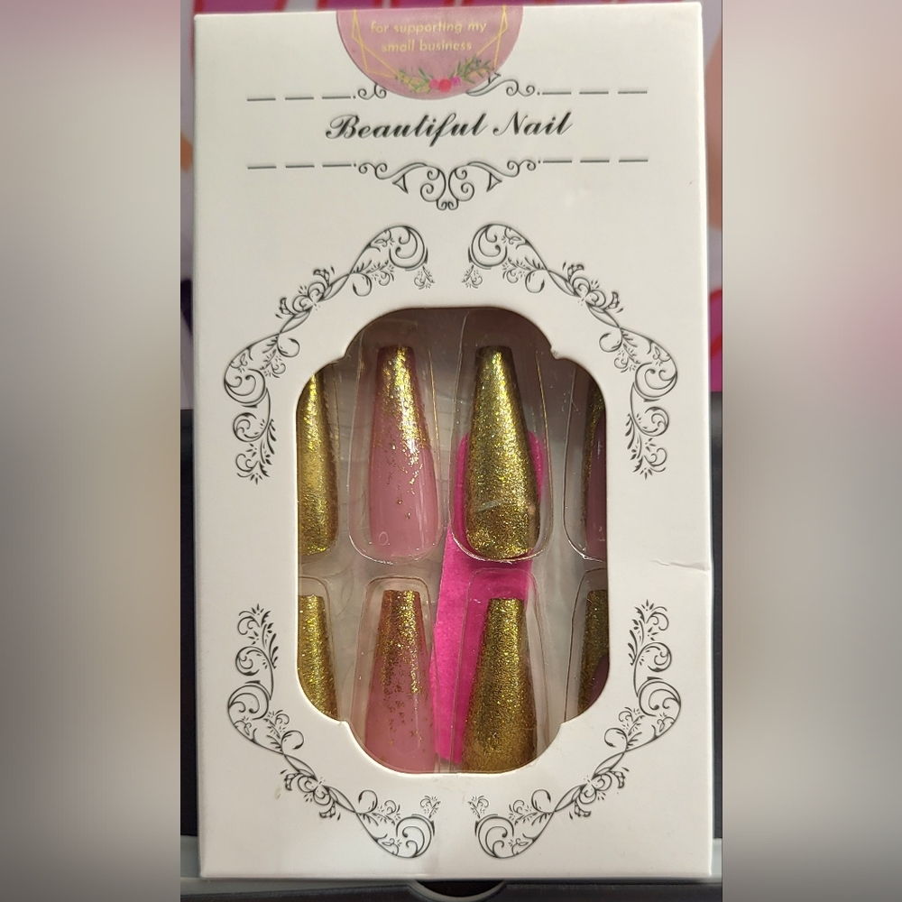 Press On Nails - Gold Shimmer and Pink Ombre Elegant  Design